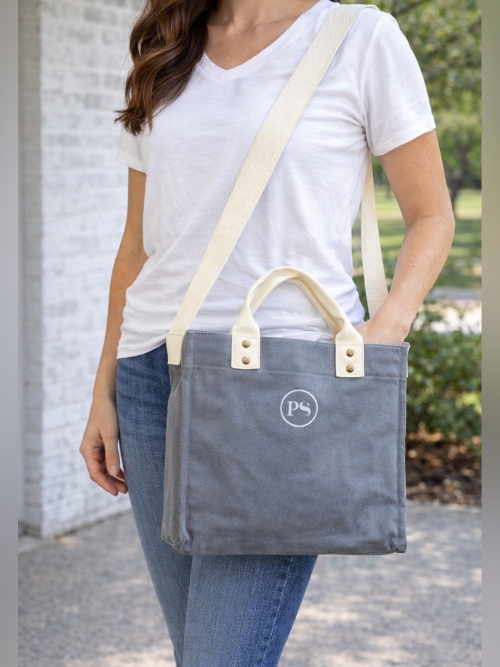 PS Crossbody Gray Canvas Tote Bag